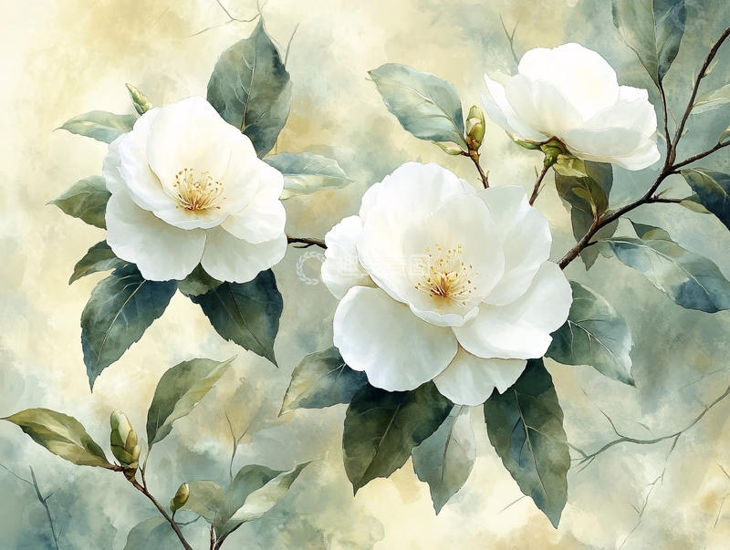 高清大图下载【趣麦麦图】手绘山茶花装饰画1