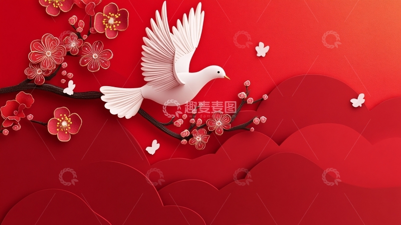 高清大图下载【趣麦麦图】新中式手绘红色花鸟13