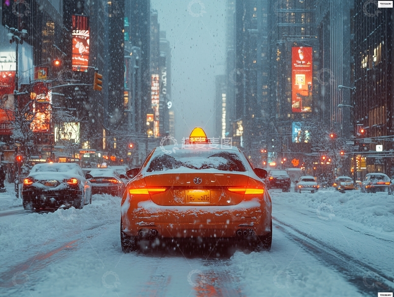高清大图下载【趣麦麦图】雪中行驶的出租车
