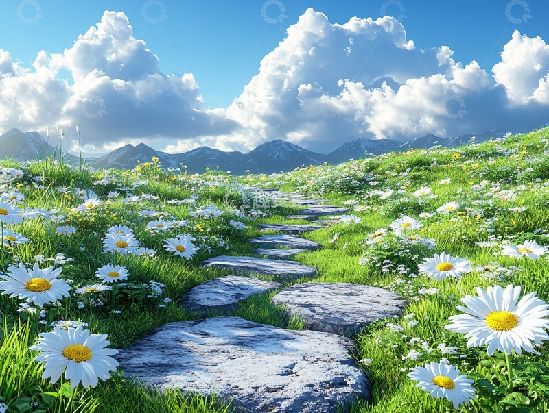 高清大图下载【趣麦麦图】田园小花石板路