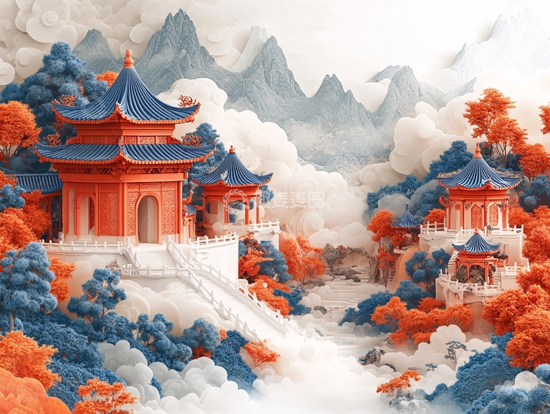 高清大图下载【趣麦麦图】炫彩渐变山水古建插画