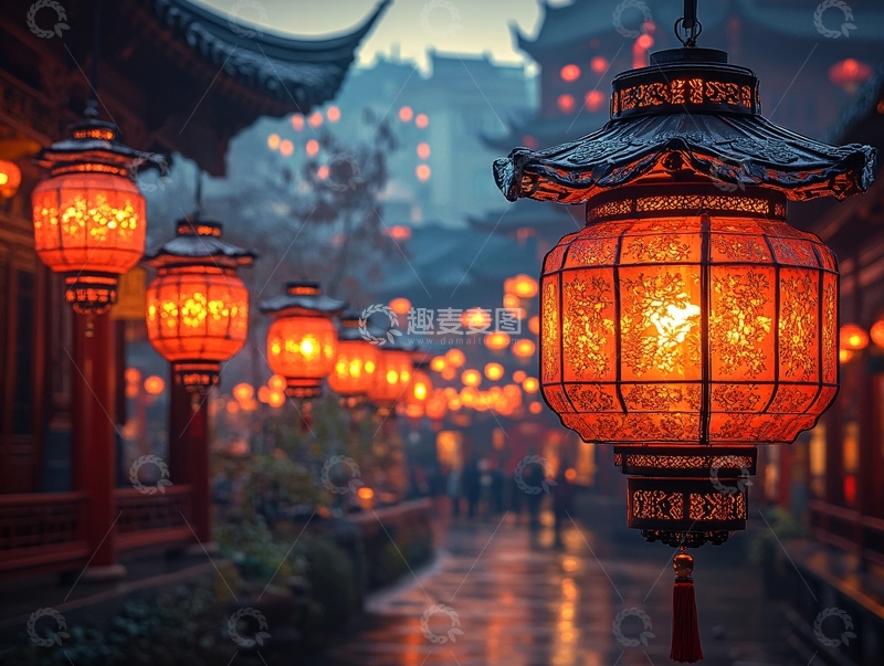 高清大图下载【趣麦麦图】雨中宫灯1