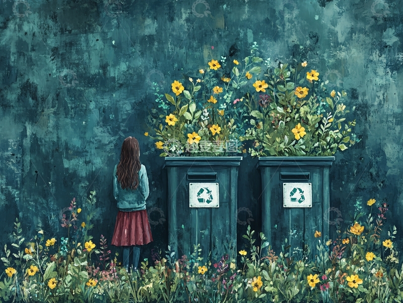 高清大图下载【趣麦麦图】花丛中的垃圾桶