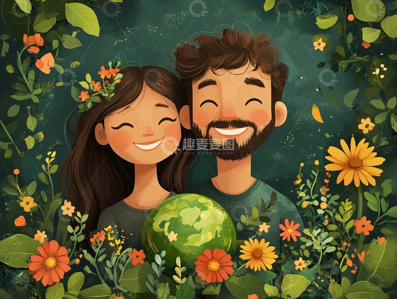 高清大图下载【趣麦麦图】花园情侣插画