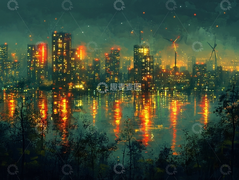 高清大图下载【趣麦麦图】插画夜景湖泊5