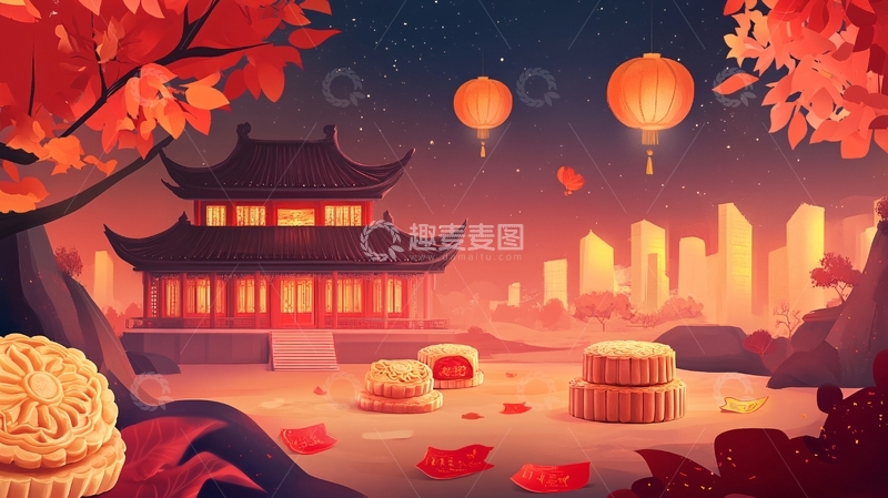 高清大图下载【趣麦麦图】中秋建筑插画8