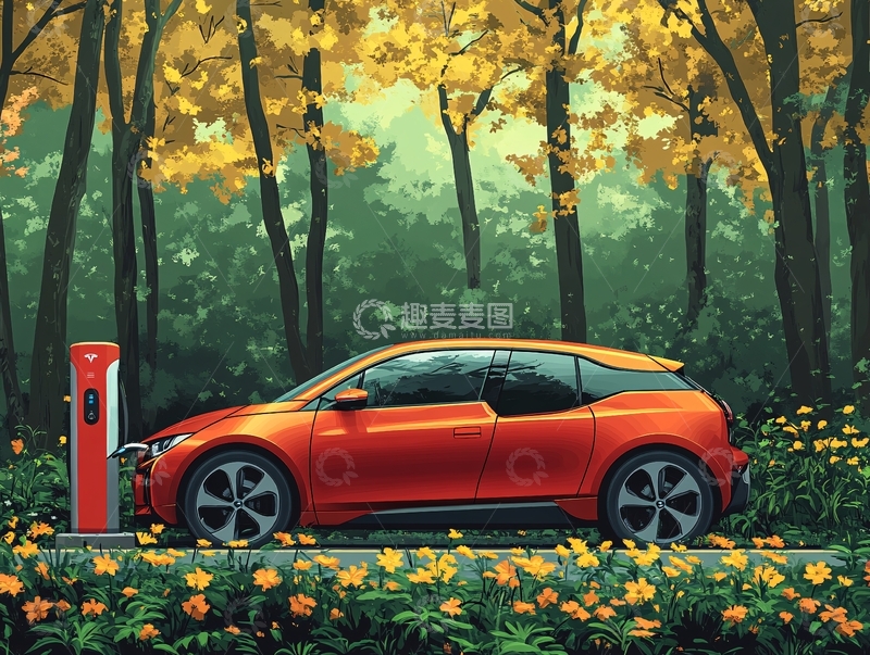 高清大图下载【趣麦麦图】树荫下的红色汽车