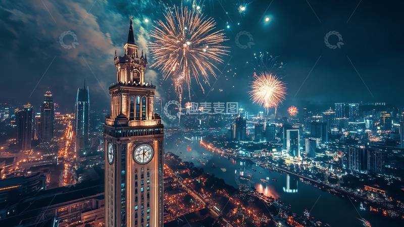 高清大图下载【趣麦麦图】烟花映照塔影