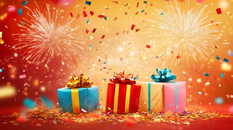 高清大图下载【趣麦麦图】红飘带礼盒烟花楼群1