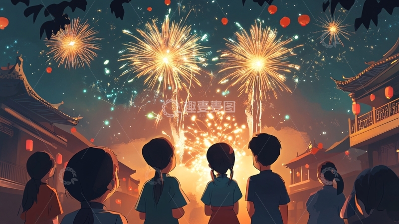 高清大图下载【趣麦麦图】赏烟花插画18