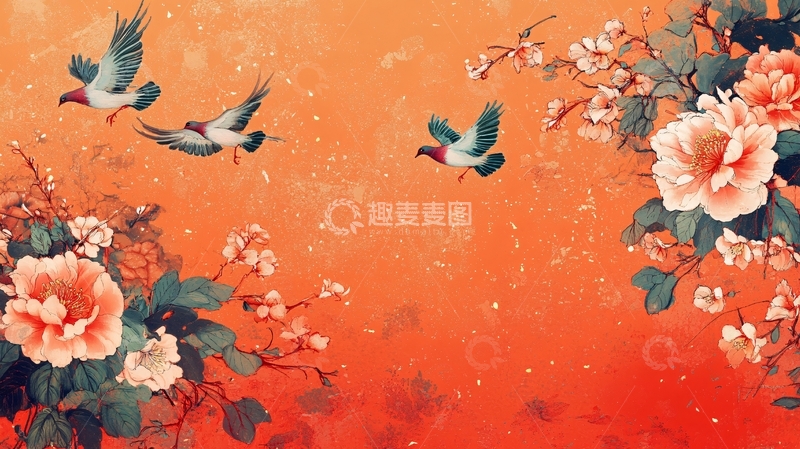 高清大图下载【趣麦麦图】新中式手绘红色花鸟14