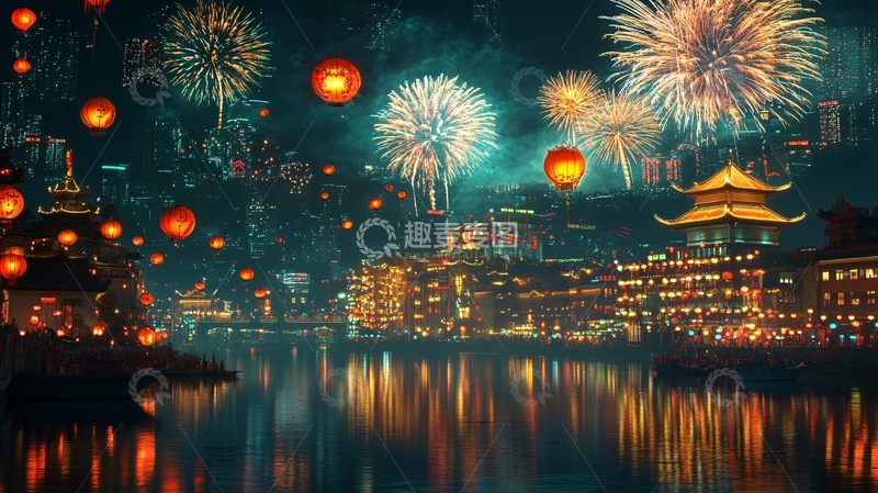 高清大图下载【趣麦麦图】维多利亚湾新年背景1