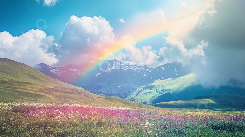 高清大图下载【趣麦麦图】彩虹蓝色白云绿地2