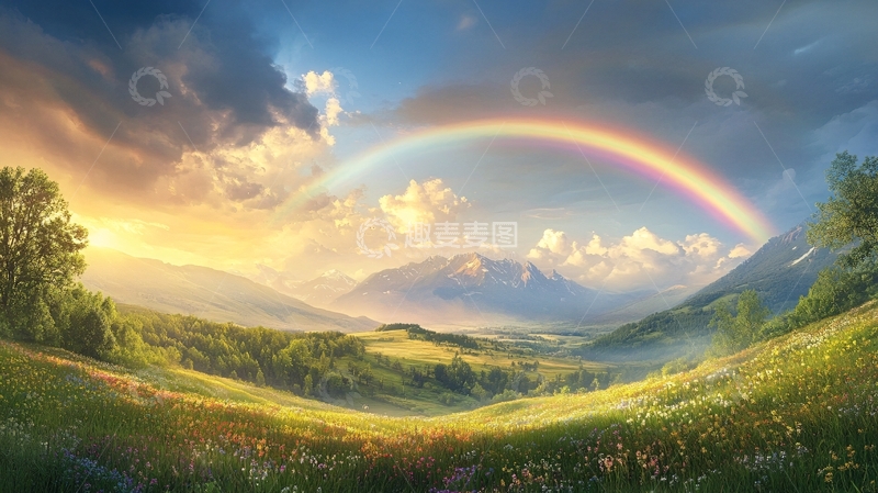 高清大图下载【趣麦麦图】彩虹蓝色白云绿地1