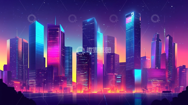 高清大图下载【趣麦麦图】炫彩渐变城市插画5