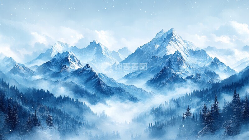 高清大图下载【趣麦麦图】冬日山脉水彩画1