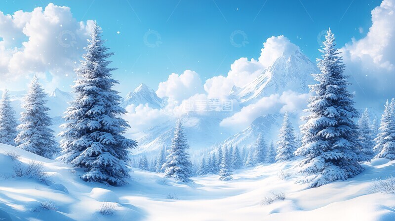 高清大图下载【趣麦麦图】风景插画雪地上的树木
