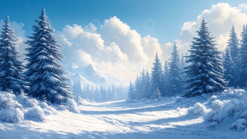 高清大图下载【趣麦麦图】风景插画雪地上的树木2
