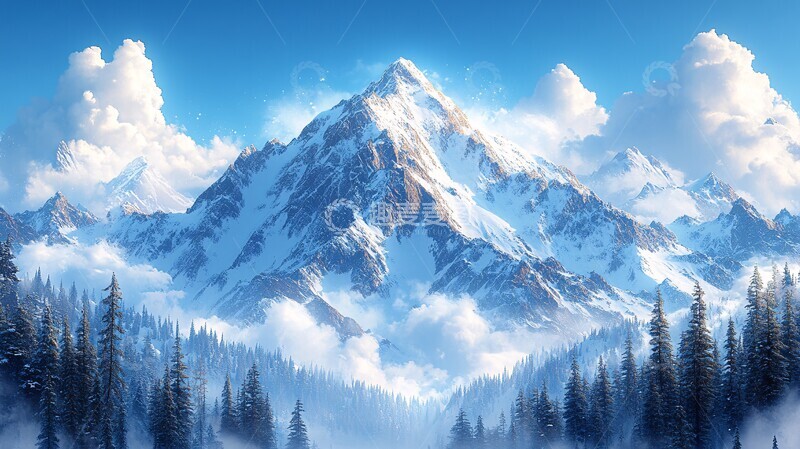 高清大图下载【趣麦麦图】风景插画白雪皑皑的山峰仰天俯瞰2