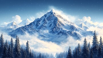 风景插画白雪皑皑的山峰仰天俯瞰