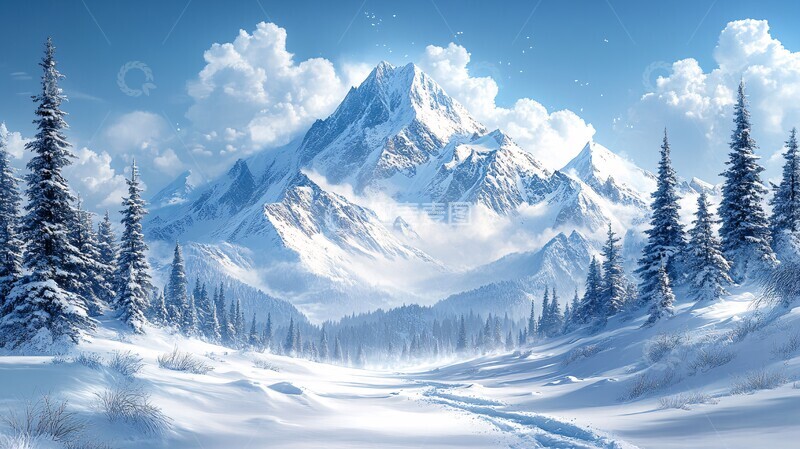 高清大图下载【趣麦麦图】风景插画白雪皑皑的山峰仰天俯瞰1