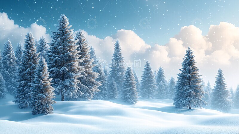 高清大图下载【趣麦麦图】雪地松树与蓝天