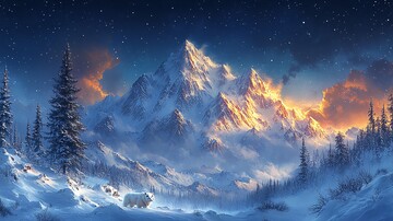 风景插画夜幕下白雪皑皑的山景1