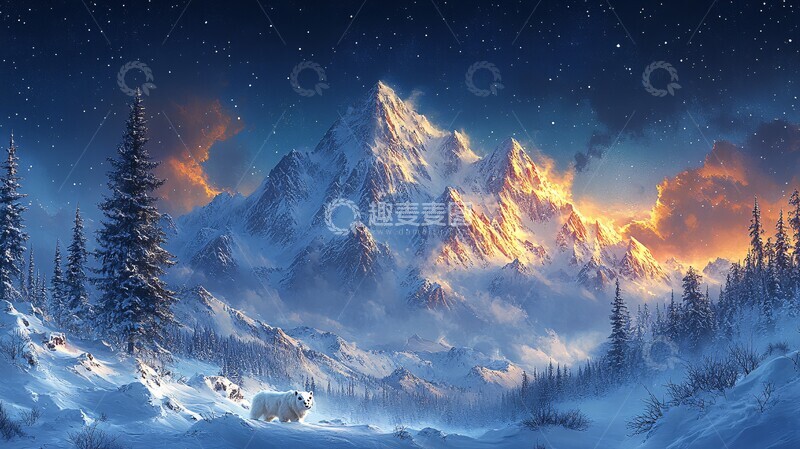 高清大图下载【趣麦麦图】风景插画夜幕下白雪皑皑的山景1