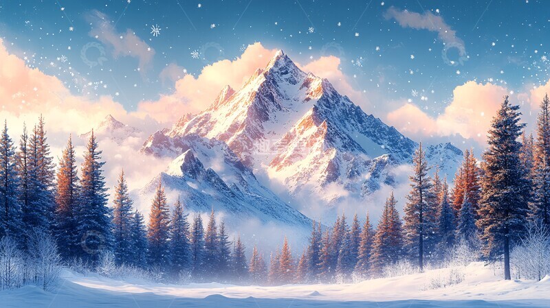 高清大图下载【趣麦麦图】风景插画白雪皑皑的山景