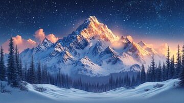 风景插画夜幕下白雪皑皑的山景2