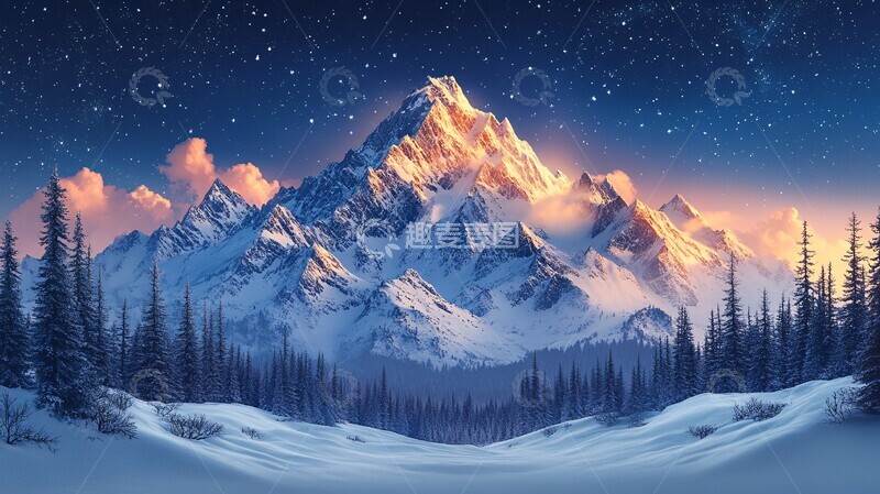 高清大图下载【趣麦麦图】风景插画夜幕下白雪皑皑的山景2