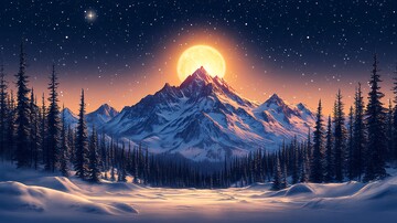 风景插画夜幕下白雪皑皑的山景