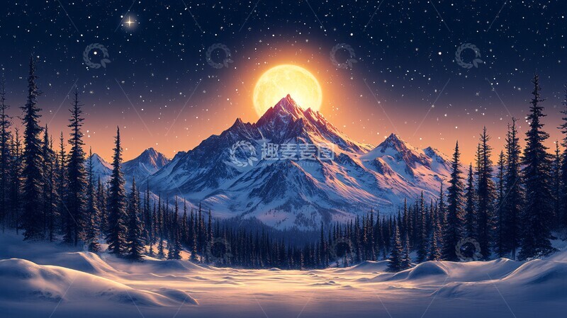 高清大图下载【趣麦麦图】风景插画夜幕下白雪皑皑的山景