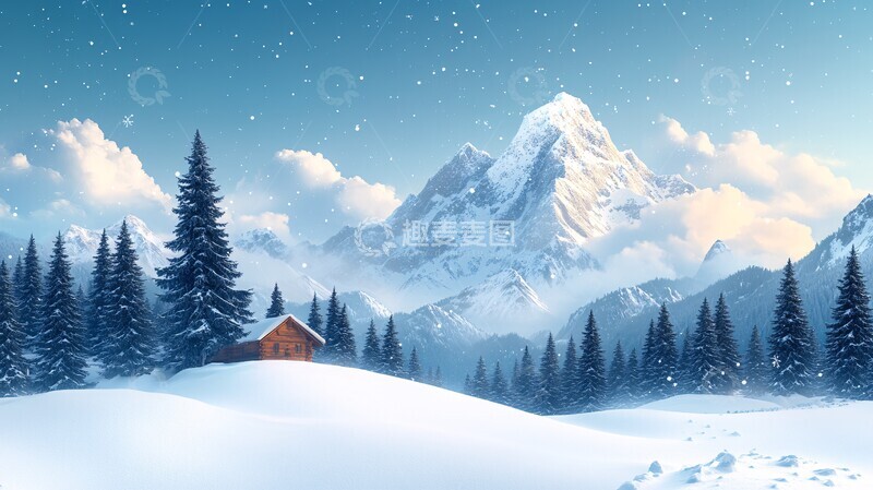 高清大图下载【趣麦麦图】风景插画白雪皑皑的山景3