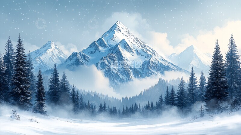高清大图下载【趣麦麦图】风景插画白雪皑皑的山景2