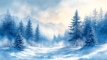 水彩插画雪地上的树木顶着天空2