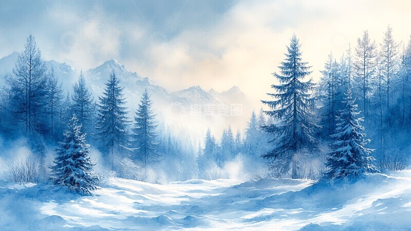 高清大图下载【趣麦麦图】水彩插画雪地上的树木顶着天空2
