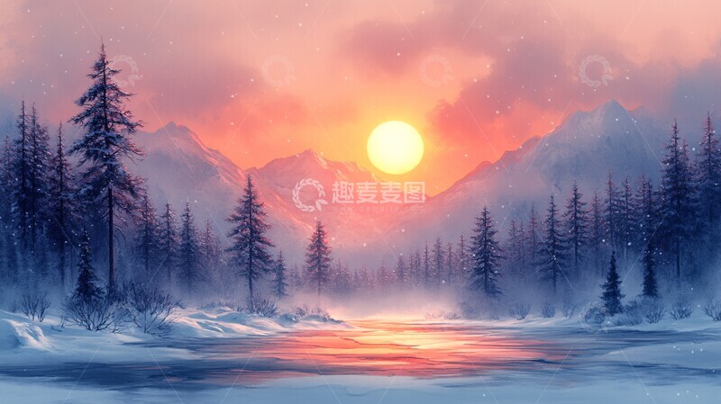 高清大图下载【趣麦麦图】水彩插画夕阳下白雪皑皑的景致