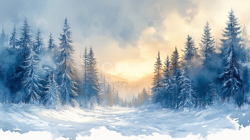 高清大图下载【趣麦麦图】水彩插画雪地上的树木顶着天空1
