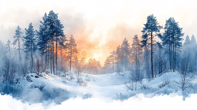 高清大图下载【趣麦麦图】水彩插画雪地上的树木顶着天空3