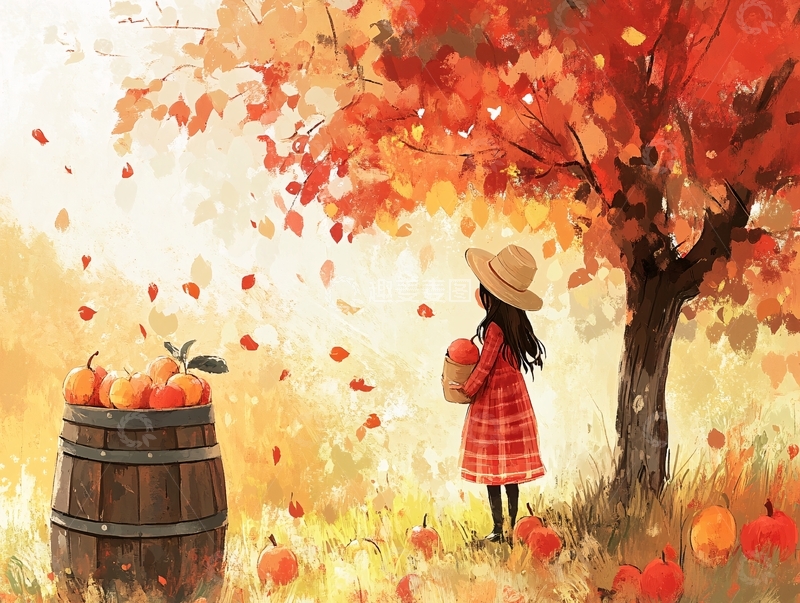 高清大图下载【趣麦麦图】小女孩摘苹果插画