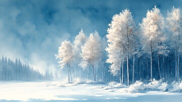 水彩插画雪地上的树木顶着天空