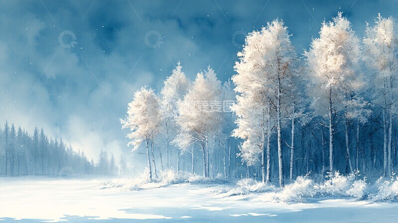 高清大图下载【趣麦麦图】水彩插画雪地上的树木顶着天空