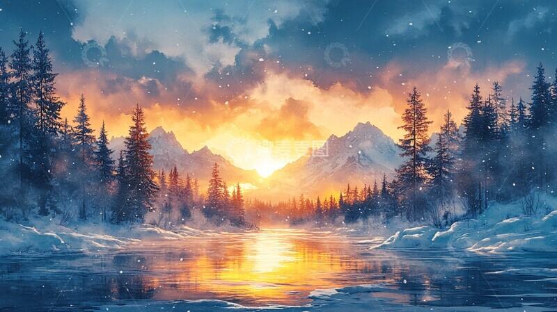 高清大图下载【趣麦麦图】水彩插画夕阳下白雪皑皑的景致1