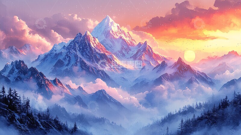 高清大图下载【趣麦麦图】冬日山景水彩系列