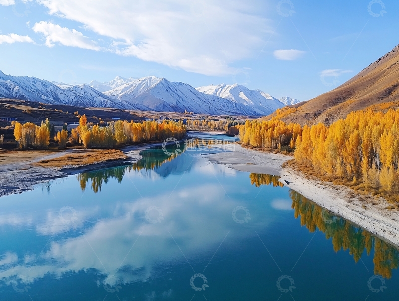 高清大图下载【趣麦麦图】蓝色湖水金色胡杨雪山2