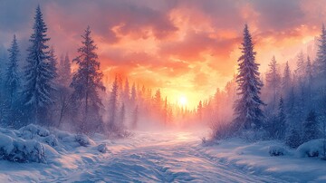 水彩插画日落时白雪皑皑的景色2