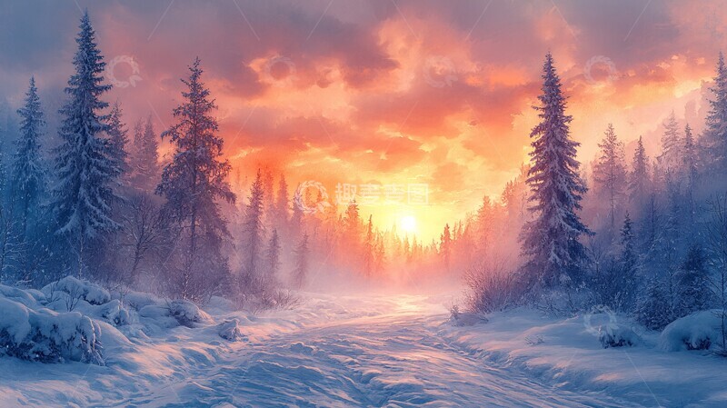 高清大图下载【趣麦麦图】水彩插画日落时白雪皑皑的景色2