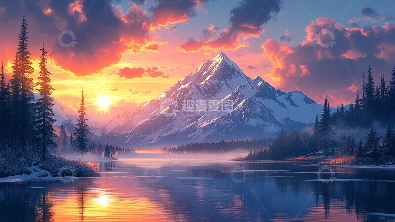 高清大图下载【趣麦麦图】雪山湖畔冬日景1