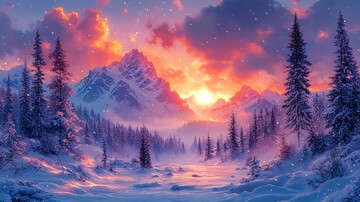 水彩插画日落时白雪皑皑的景色1